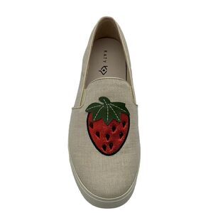 Katy Perry The Kerry Strawberry novelty canvas slip on sneakers tan NWOT msrp 89